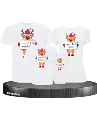 Rentier Familie Weihnachtsshirts 4er Set Familienlook T-Shirt + Babybody weiß