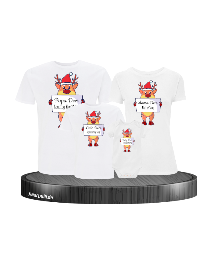 Rentier Familie Weihnachtsshirts 4er Set Familienlook T-Shirt + Babybody weiß