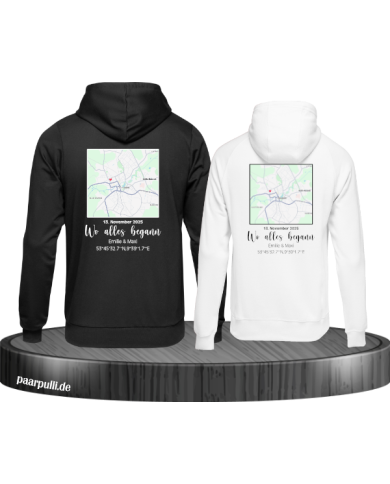 Wo alles begann - persönliche Karte Partnerlook Hoodie schwarz weiß