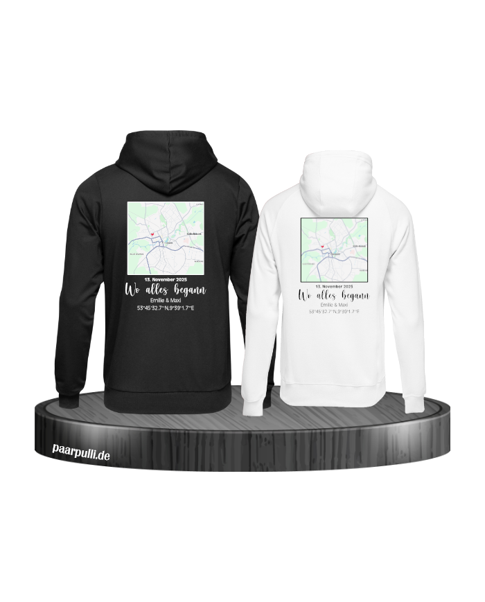 Wo alles begann - persönliche Karte Partnerlook Hoodie schwarz weiß