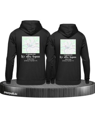 Wo alles begann - persönliche Karte Partnerlook Hoodie schwarz