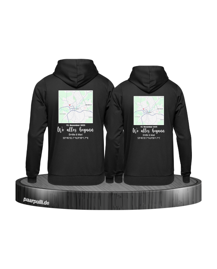 Wo alles begann - persönliche Karte Partnerlook Hoodie schwarz