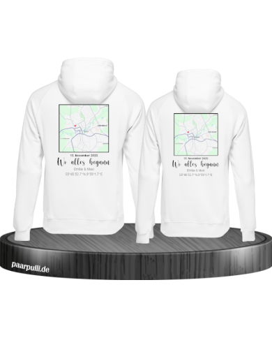 Wo alles begann - persönliche Karte Partnerlook Hoodie weiß