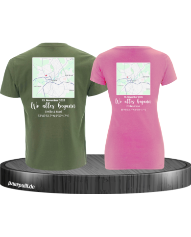 Wo alles begann - persönliche Karte Partnerlook T-Shirt khaki rosa