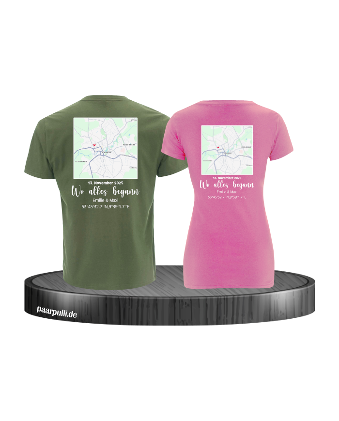 Wo alles begann - persönliche Karte Partnerlook T-Shirt khaki rosa