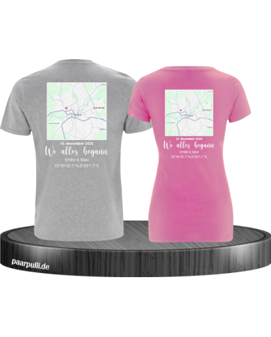 Wo alles begann - persönliche Karte Partnerlook T-Shirt grau rosa