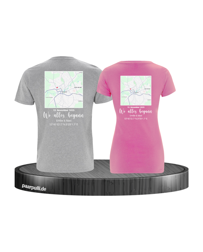 Wo alles begann - persönliche Karte Partnerlook T-Shirt grau rosa