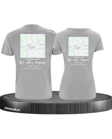 Wo alles begann - persönliche Karte Partnerlook T-Shirt grau
