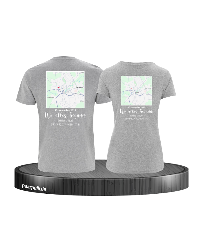 Wo alles begann - persönliche Karte Partnerlook T-Shirt grau
