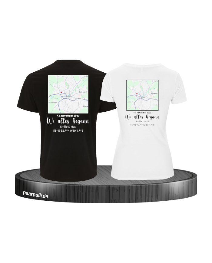 Wo alles begann - persönliche Karte Partnerlook T-Shirt schwarz weiß