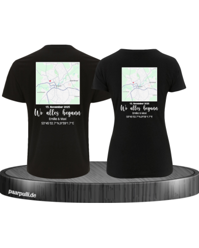 Wo alles begann - persönliche Karte Partnerlook T-Shirt schwarz