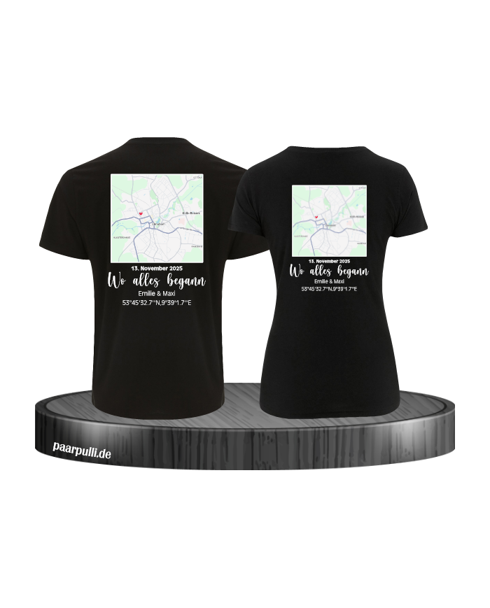 Wo alles begann - persönliche Karte Partnerlook T-Shirt schwarz