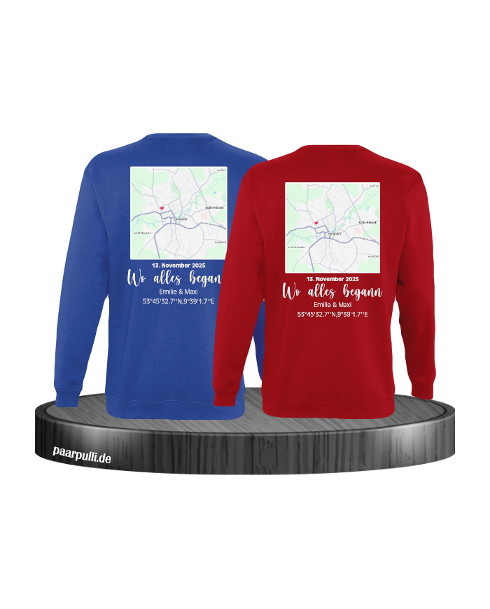 Wo alles begann - persönliche Karte Partnerlook Sweatshirt blau rot