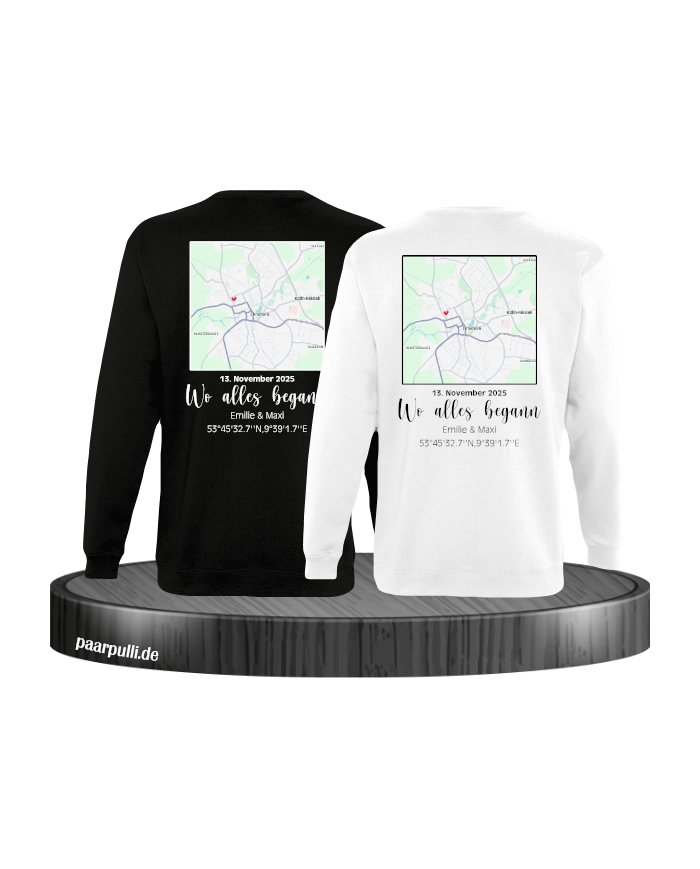 Wo alles begann - persönliche Karte Partnerlook Sweatshirt schwarz weiß