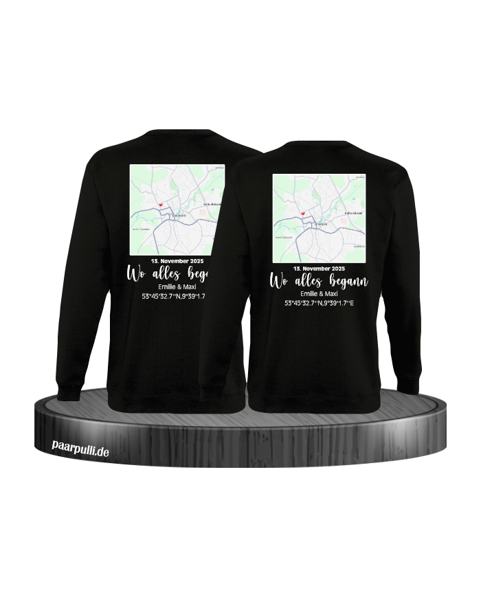 Wo alles begann - persönliche Karte Partnerlook Sweatshirt schwarz