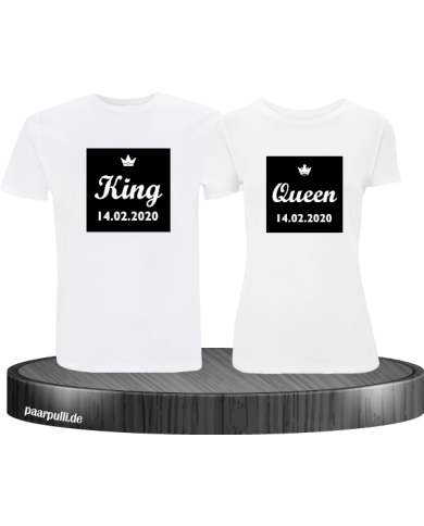 King Queen Partnerlook T Shirts im Kasten mit Wunschdatum in weiß