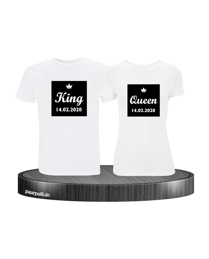 King Queen Partnerlook T Shirts im Kasten mit Wunschdatum in weiß