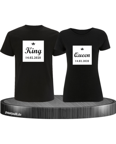 King Queen Partnerlook T Shirts im Kasten mit Wunschdatum in schwarz