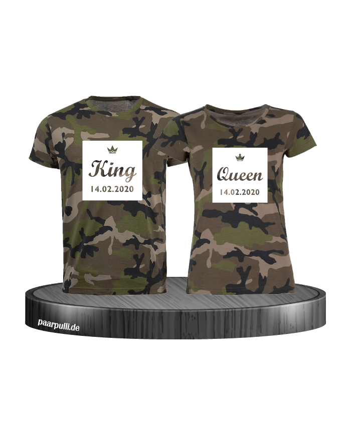 King Queen Partnerlook T Shirts im Kasten mit Wunschdatum als Camouflage Shirts