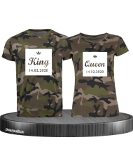 King & Queen Camouflage T-Shirts bedruckt mit Wunschdatum