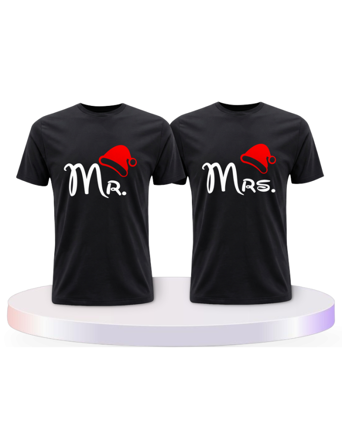 Mr. und Mrs. mit roter Mütze Partnerlook T-shirt | Paarpulli
