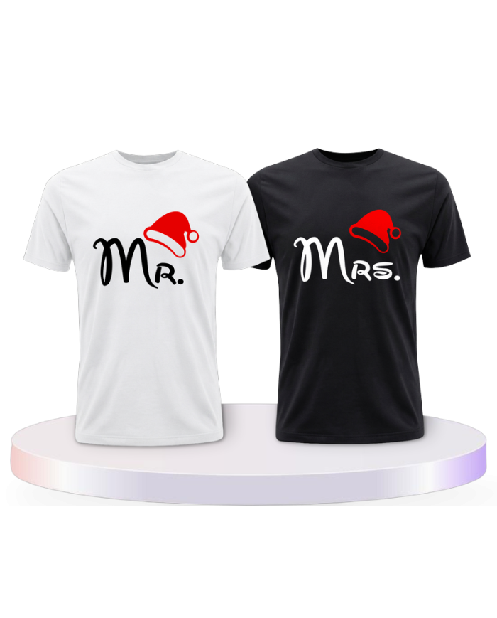 Mr. und Mrs. mit roter Mütze Partnerlook T-shirt | Paarpulli