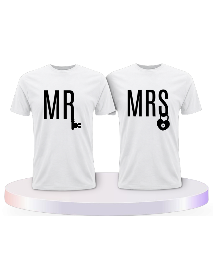 Mr. und Mrs. mit Schloss und Schlüssel Pärchen T-Shirts | Paarpulli