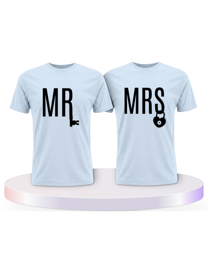 Mr. und Mrs. mit Schloss und Schlüssel Pärchen T-Shirts | Paarpulli