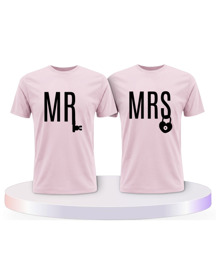 Mr. und Mrs. mit Schloss und Schlüssel Pärchen T-Shirts | Paarpulli