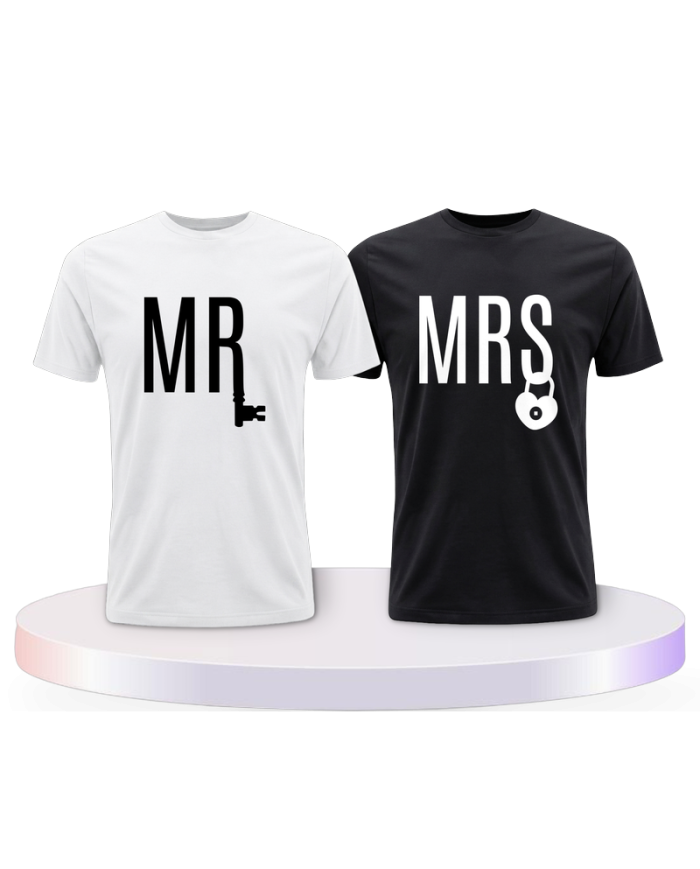 Mr. und Mrs. mit Schloss und Schlüssel Pärchen T-Shirts | Paarpulli