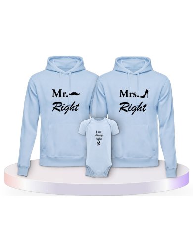 Mr. Mrs. und Always Right Familienset Hoodies mit Babybody | Paarpulli