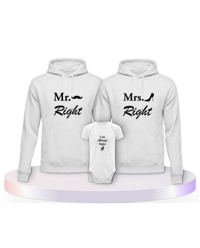 Mr. Mrs. und Always Right Familienset Hoodies mit Babybody | Paarpulli