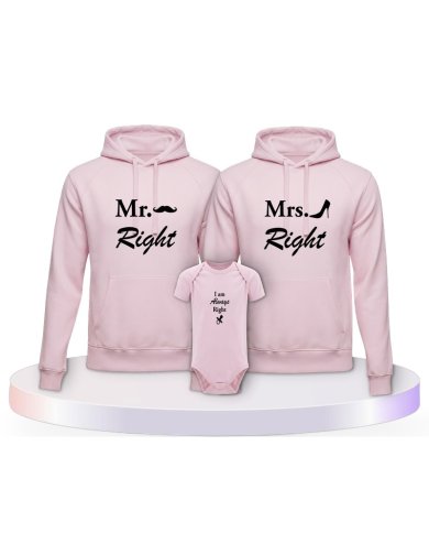 Mr. Mrs. und Always Right Familienset Hoodies mit Babybody | Paarpulli
