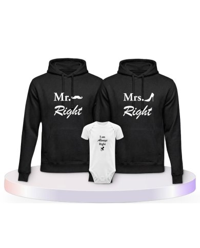 Mr. Mrs. und Always Right Familienset Hoodies mit Babybody | Paarpulli
