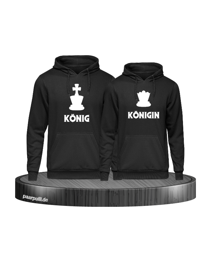 König und Königin mit Schachfiguren bedruckt als Partnerlook Hoodie-Set in schwarz König und Königin mit Schachfiguren bedruckt als Partnerlook Hoodie-Set in schwarz