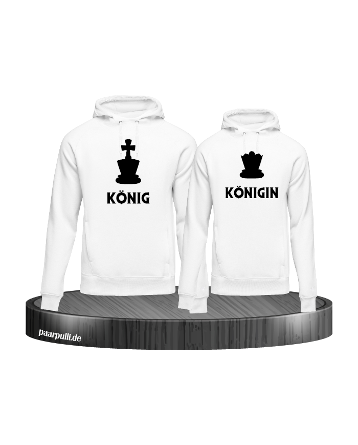 König und Königin mit Schachfiguren bedruckt als Partnerlook Hoodie-Set in weiß