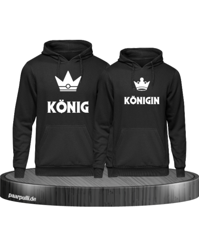 König und Königin mit kleinen Kronen bedruckt auf der brust in schwarz als partnerlook hoodies