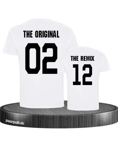 The Original und The Remix Partnerlook Shirts für Vater und Sohn in weiß.