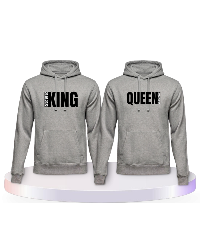 King und Queen mit seitlichem Wunschdatum Pärchen Hoodies | Paarpulli