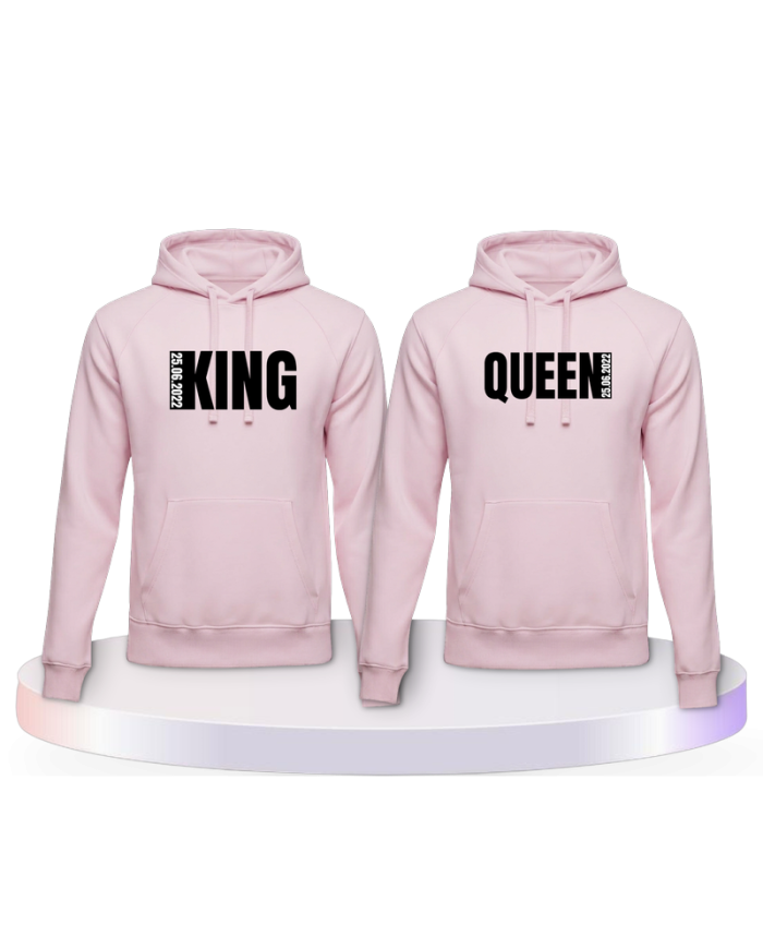 King und Queen mit seitlichem Wunschdatum Pärchen Hoodies | Paarpulli
