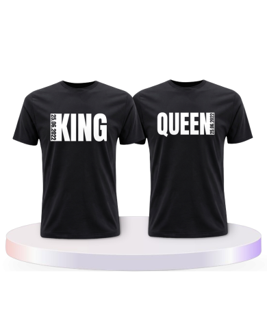 King und Queen mit seitlichem Wunschdatum Pärchen T-Shirts | Paarpulli