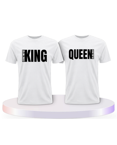 King und Queen mit seitlichem Wunschdatum Pärchen T-Shirts | Paarpulli