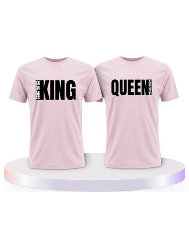 King und Queen mit seitlichem Wunschdatum Pärchen T-Shirts | Paarpulli
