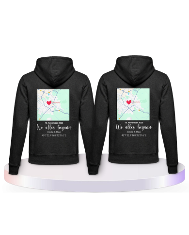 Partnerlook Hoodies mit Wo alles begann persönliche Karte | Paarpulli