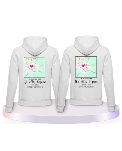 Partnerlook Hoodies mit Wo alles begann persönliche Karte | Paarpulli