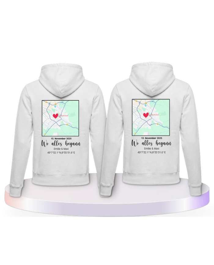 Partnerlook Hoodies mit Wo alles begann persönliche Karte | Paarpulli