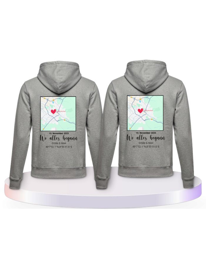 Partnerlook Hoodies mit Wo alles begann persönliche Karte | Paarpulli