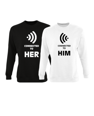 Connected to her und connected to him partnerlook sweatshirts in schwarz weiß
