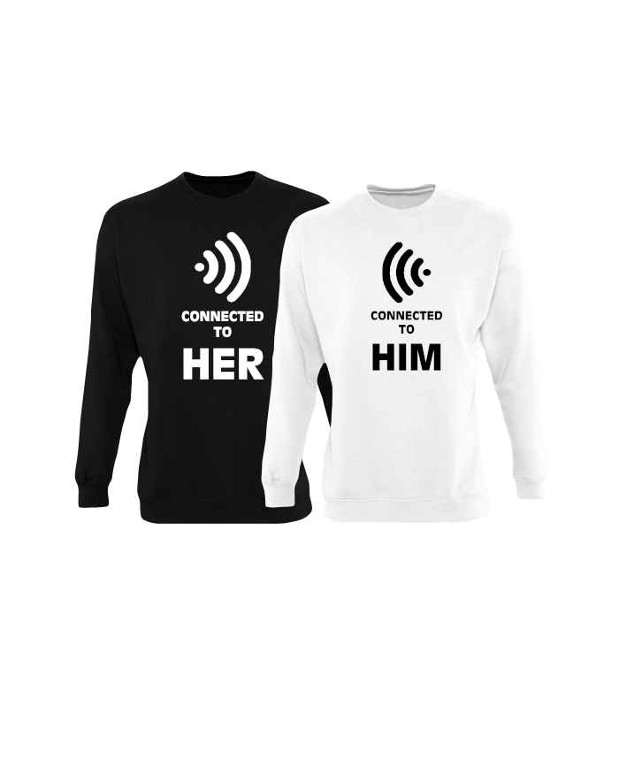 Connected to her und connected to him partnerlook sweatshirts in schwarz weiß