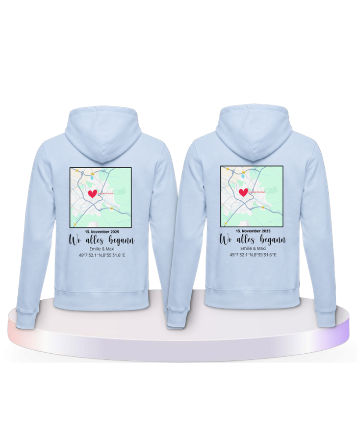 Partnerlook Hoodies mit Wo alles begann persönliche Karte | Paarpulli